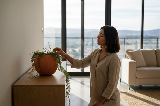 Solen Garden FLORIA 240 terracotta planter with string of pearls plant, modern indoor setting.
