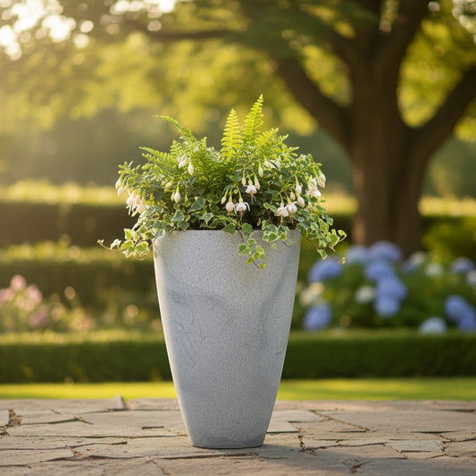 Solen Garden NILA 310 tall grey speckled planter with plants, perfect for patios and gardens.