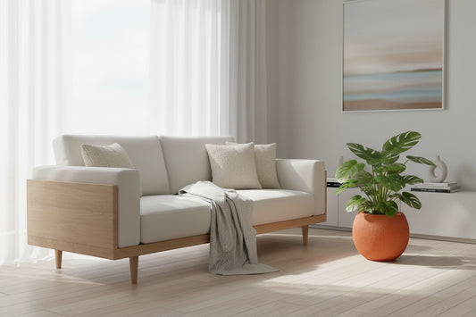 Solen Garden FLORIA 240 terracotta planter with textured finish, holding a Monstera plant indoors.
